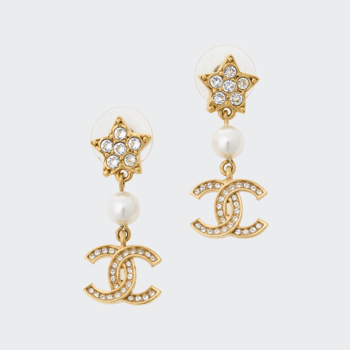 Chanel Gold Tone Star, Faux Pearl, CC Drop Earrings
