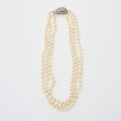 Triple Strand, 6mm Akoya Pearl Necklace with Diamond Clasp