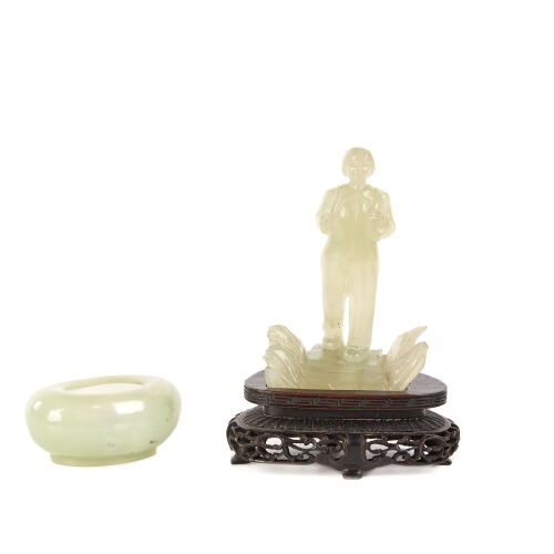 A Jade Chinese Revolutionary Figurine And a Small Jade Container