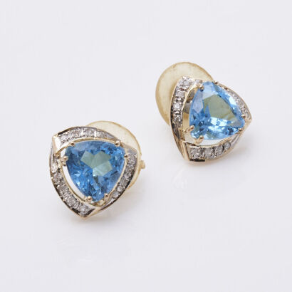 14ct Yellow Gold, Blue Topaz and Diamond Drop Earrings