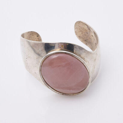 Sterling Silver, Large Rose Quartz Cuff Bangle