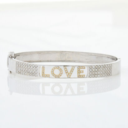 14ct White & Yellow Gold, Diamond Set "LOVE" Hinged Bangle