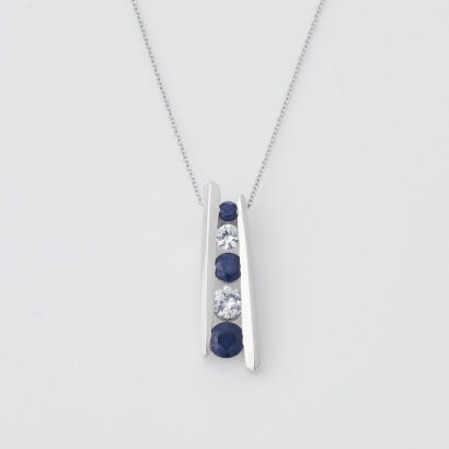 14ct White Gold, Sapphire and Clear Stone Pendant on 40cm Chain