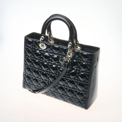 Christian Dior Black Patent Large Lady Dior Bag