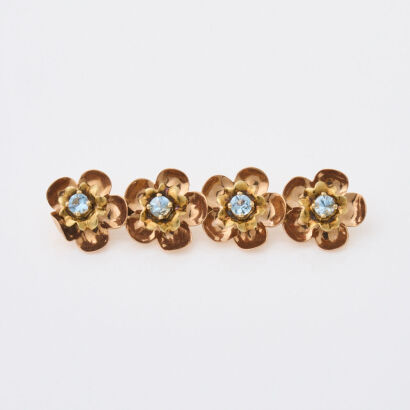 14ct Rose Gold Flower Bar Brooch with Blue Stones