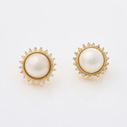 18ct Yellow Gold, Mabe Pearl and Diamond Earrings on Hinged Backs