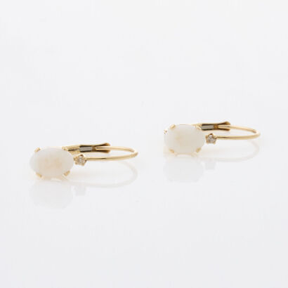 14ct Yellow Gold, Oval Opal and Diamond Earrings on Hinged Backs