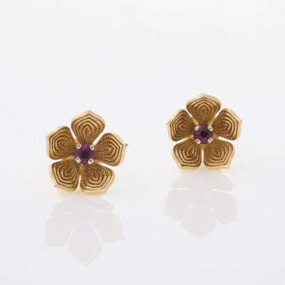 14ct Yellow Gold, Ruby Flower Petal Earrings