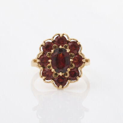 9ct Yellow Gold, Garnet Cluster Style Dress Ring