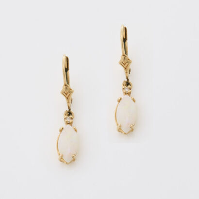 14ct Yellow Gold, Leaf Shape Opal and Diamond Drop Earrings