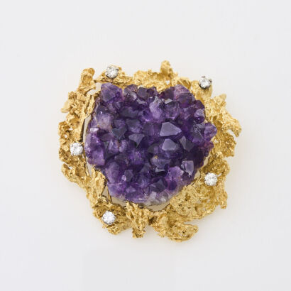 18ct Yellow Gold Handmade Amethyst and Diamond Brooch