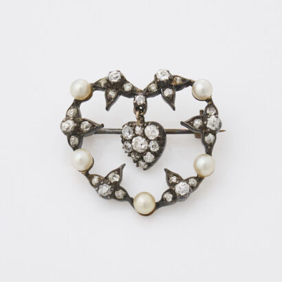 18ct Yellow Gold/Silver Heart Shaped Edwardian, 1.85ct Diamond and Seed Pearl Brooch