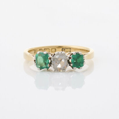 18ct Yellow Gold, Rose Cut Diamond and Emerald Ring