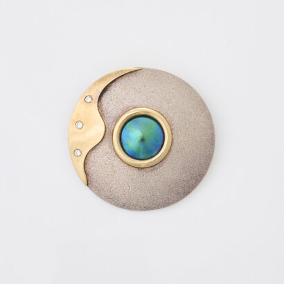 18ct Yellow Gold and Silver Disc Blue Paua and Diamond Pendant