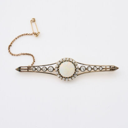 15ct Yellow Gold Estate Opal and Diamond Bar Brooch