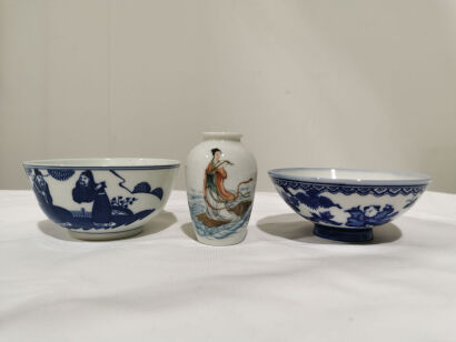 Two Blue and White Figural Bowls and A Porcelain Figural Bottle