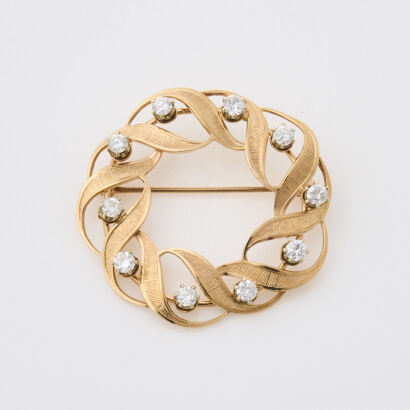 14ct Yellow Gold, Round Brooch with Diamond Detail