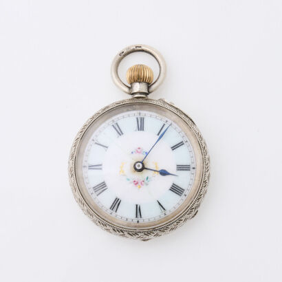 An Engraved Sterling Silver Pocket Watch with Porcelain Dial