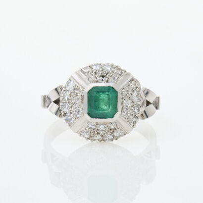 18ct White Gold, .75ct Emerald and Diamond Cluster Ring