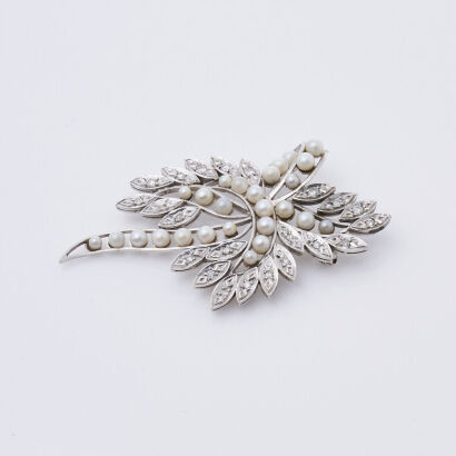 13ct White Gold, Vintage, Akoya Pearl and Diamond Brooch