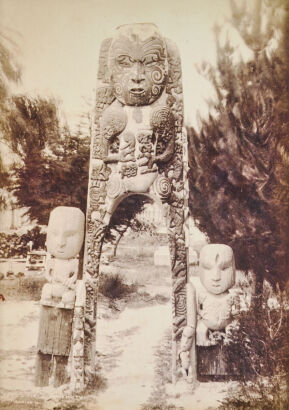 BURTON BROTHERS Aporo and Ngareta at Wairoa (With Hinemihi), c1885