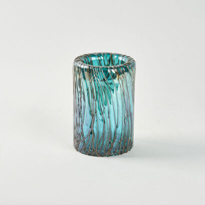 A Blue Art Glass Vase With Wire Design