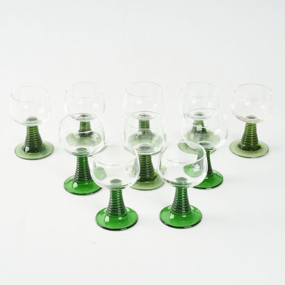 A Collection Of Ten Green Stemmed Roemer French Wine Glasses