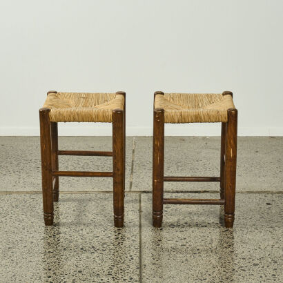 A Pair Of Vintage Rustic Rush Seat Stools