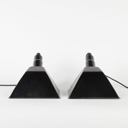 A Pair Of Black Enameled Metal Industrial Lamps