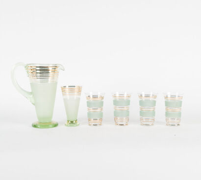 A Uranium Glass Pitcher And Five Glasses With Gold Detail C.1920