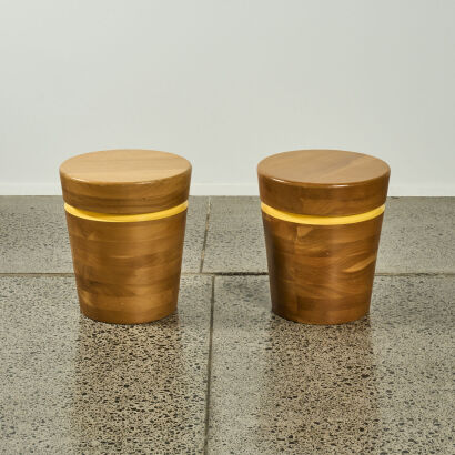 A Pair Of Solid Wood Cylindrical Stools