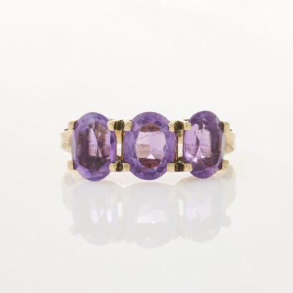 9ct Yellow Gold, Three Stone Amethyst Ring of 2.50cts Total