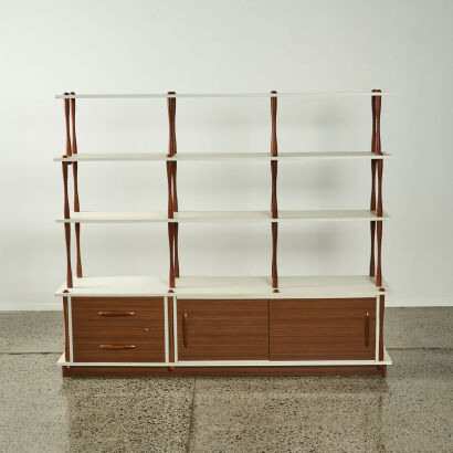 A Miami Modular Shelving Unit With Original Brochure, In Wood Venner and White