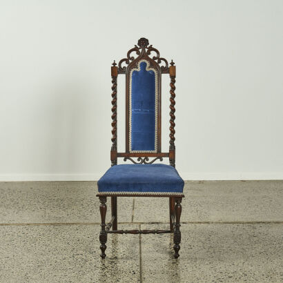 An Antique Barley Twist Chair With Blue Velour Fabric