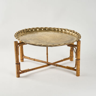 An Antique Bamboo Trestle Side Table With Brass Top