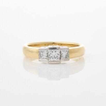18ct Yellow & White Gold, Three Princess cut Diamond Ring of .38cts Total