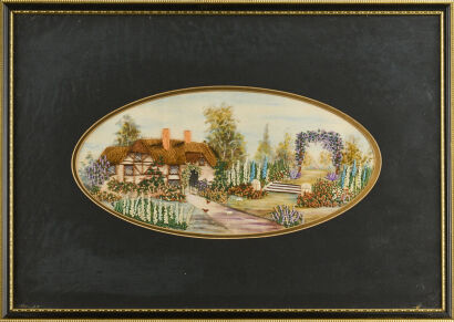 An Embroidered Mixed Media Of A Flowering Cottage Garden In England - Louie Cables nee Fearnley