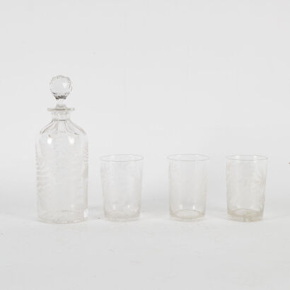 A Collection Of Etched Victorian Water Glasses and A Decanter