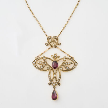 9ct Yellow Gold Garnet and Seed Pearl Vintage Pendant and Chain