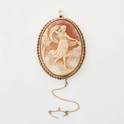 9ct Rose Gold, Large Cameo Brooch with Pin & Safety Chain