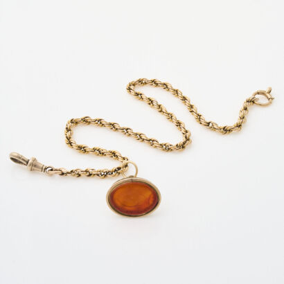 9ct Yellow Gold, Vintage, 30cm Rope Chain with Gold Tone Carnelian Pendant