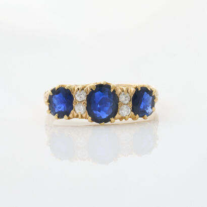 18ct Yellow Gold, Vintage, Three Stone Sapphire and Diamond Ring