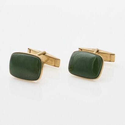 9ct Yellow Gold Green Coloured Stone Cufflinks