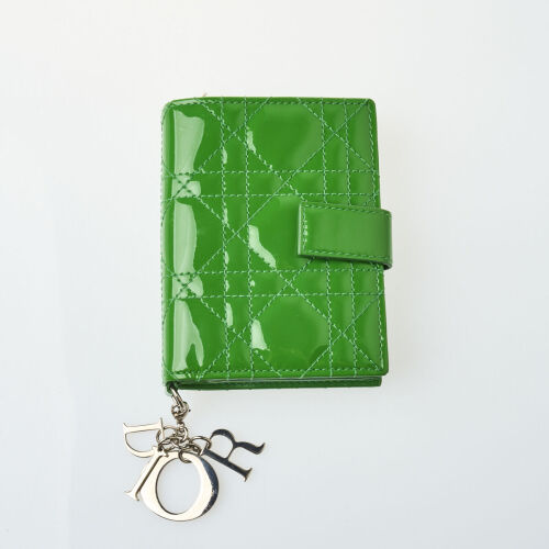 Christian Dior Patent Green Quilted Compact Wallet with Box