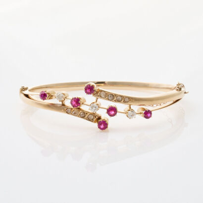 15ct Yellow Gold, Vintage, Diamond and Synthetic Ruby Snap Bangle