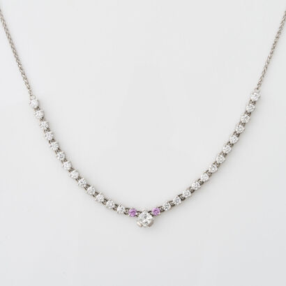 18ct White Gold, .65ct Diamond and .30ct Total, Pink Sapphire Necklace