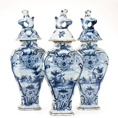 Three Old Delft Lidded Urns