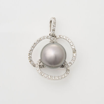 18ct White Gold, Diamond and Tahitian Cultured Pearl Pendant