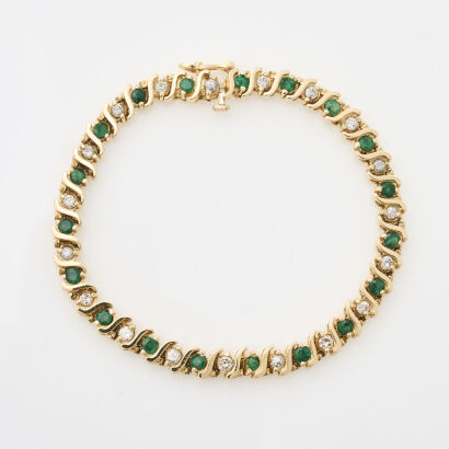 14ct Yellow Gold, 1.30ct Emerald and 1.33ct Diamond Bracelet