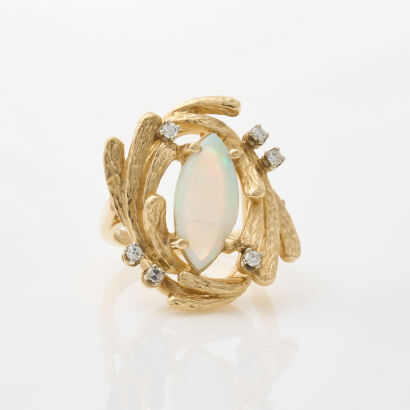 14ct Yellow Gold, 1.19ct Opal and Diamond Ring